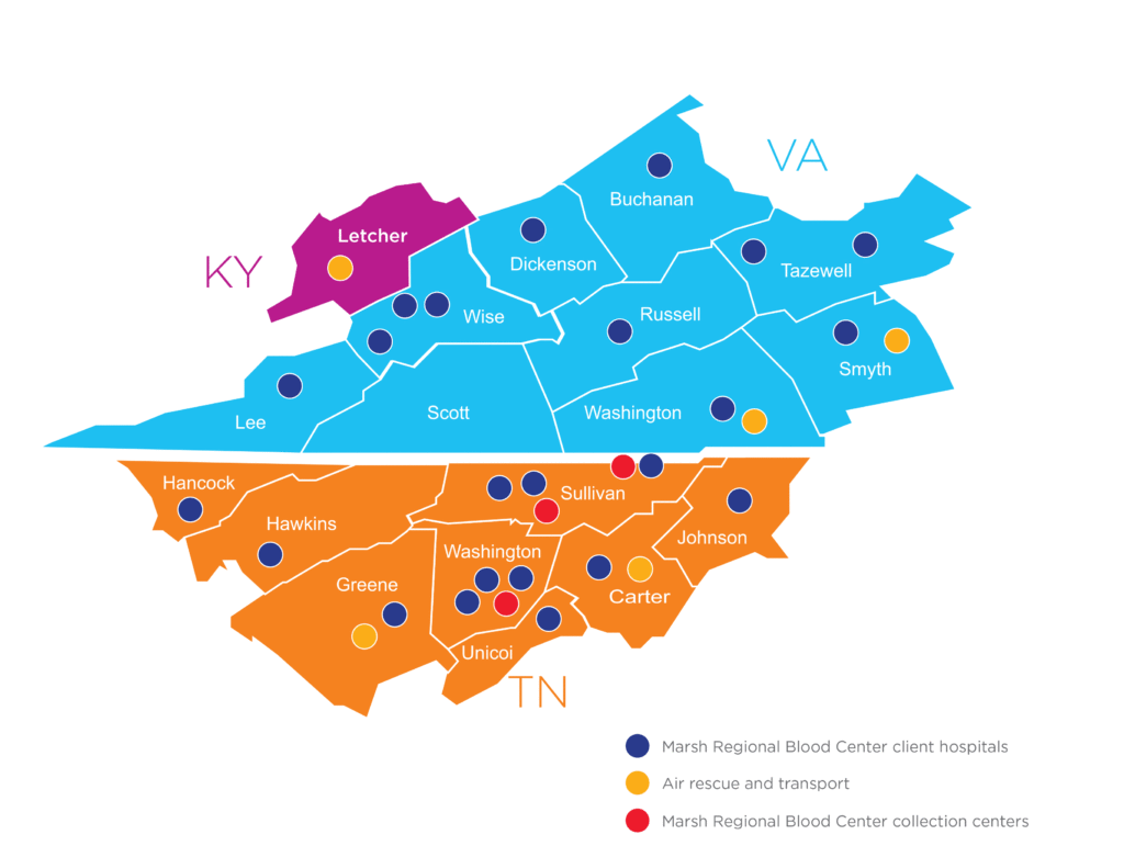 County map of client hospitals, air rescue and transport, and collection center locations